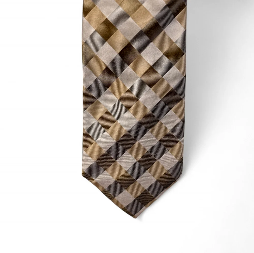 LANDS END Vintage Silk Tie Long Tan Cream Check Necktie Classic